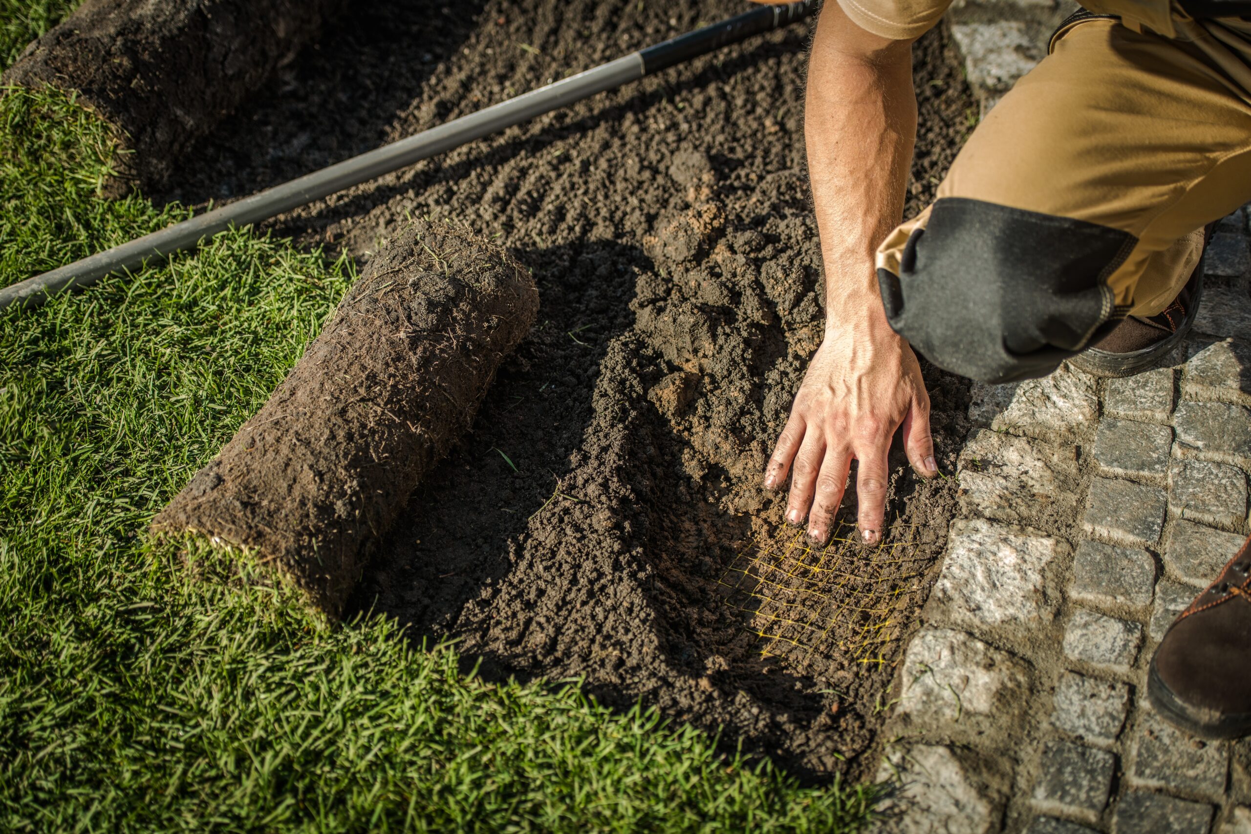 Underground Fencing and Grass Installation in a Garden. Caucasian Gardener. Agriculture Industry.